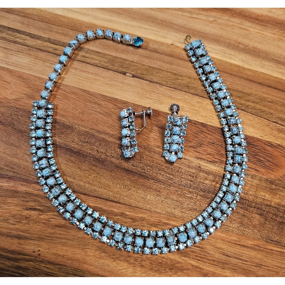 Vintage Blue Rhinestone Choker Necklace & Screw-Back Earrings Set 1950s Glam - Picture 2 of 10